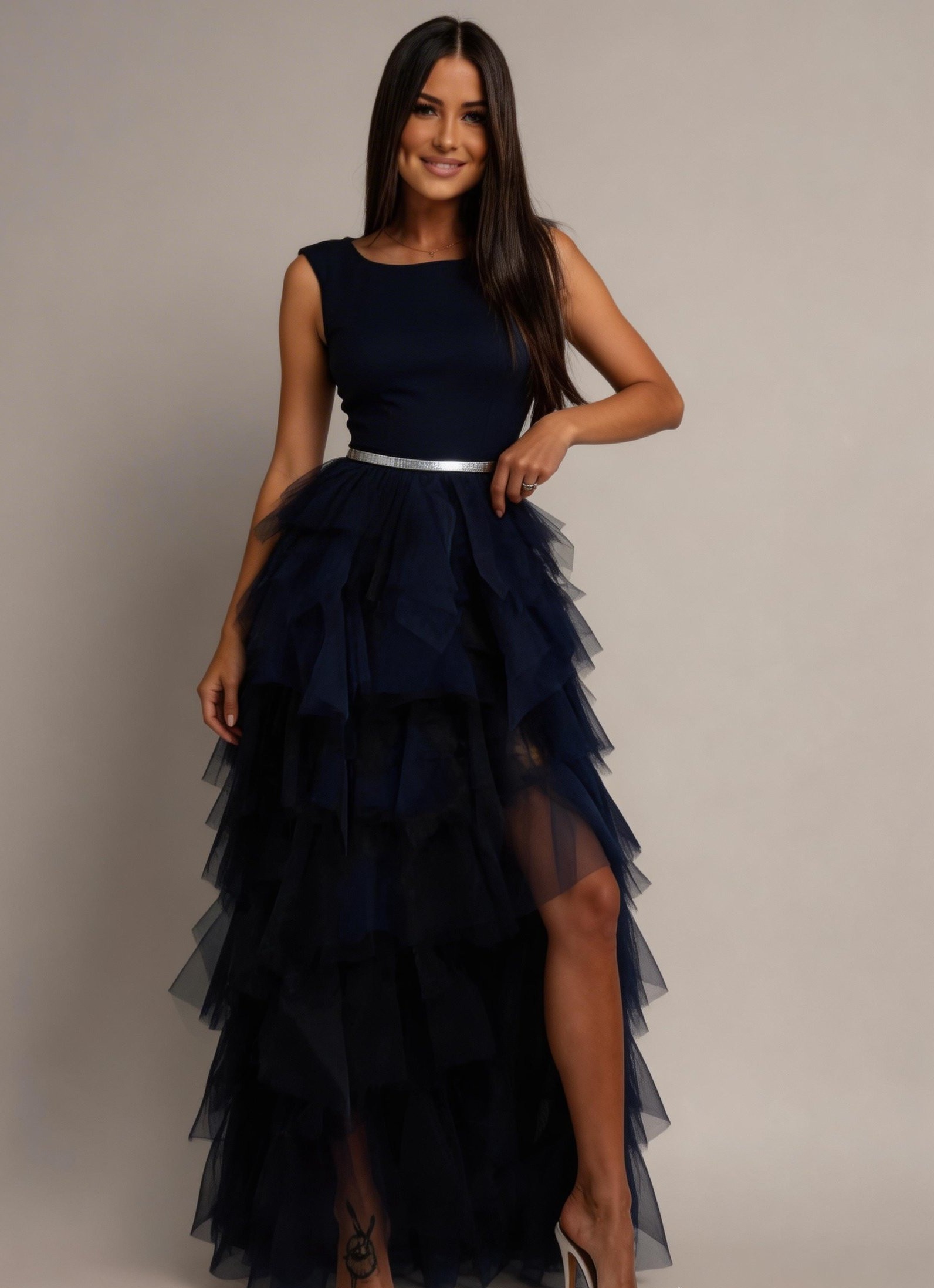 rochie mini de seara Rochie lunga din tul bleumarin cu pene  Dana
